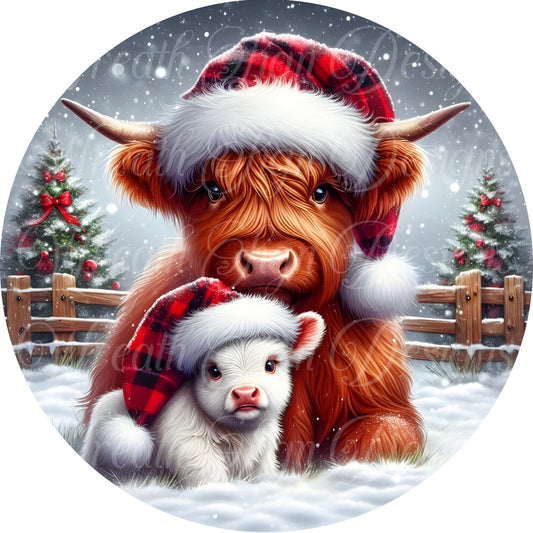 Highland cow Christmas round metal wreath sign, Winter cow sign, wreath center, wreath attachment