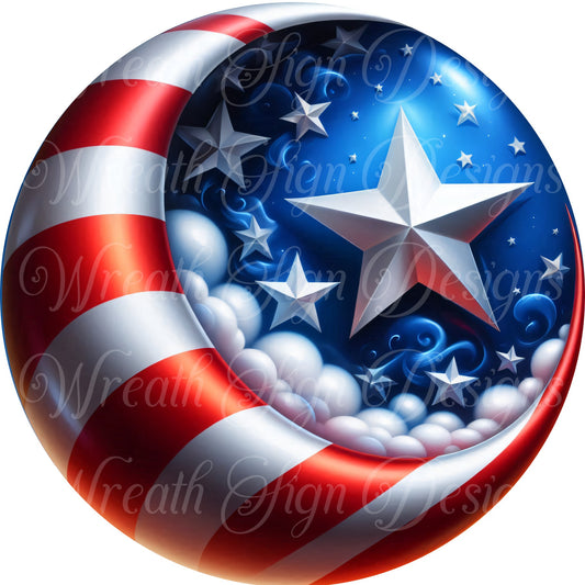 Moon and Stars, American Flag, patriotic, fourth of July, independence day metal wreath sign, Round sign, attachment Wreath cente