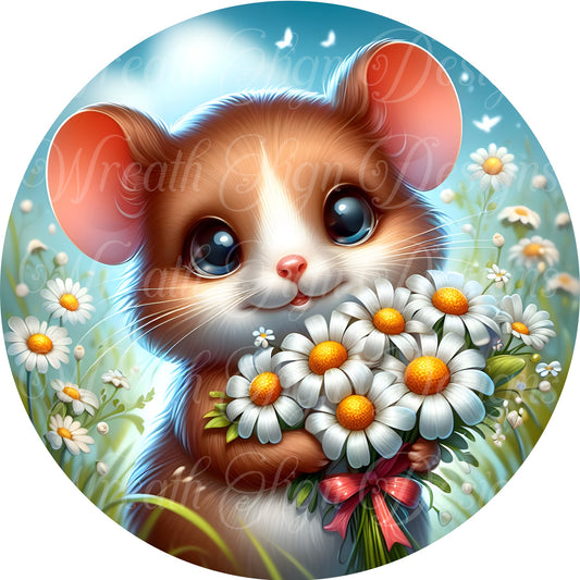 Cute brown mouse holding daisies round metal wreath sign, springtime mouse sign, metal wreath sign, Round sign,  attachment Wreath center