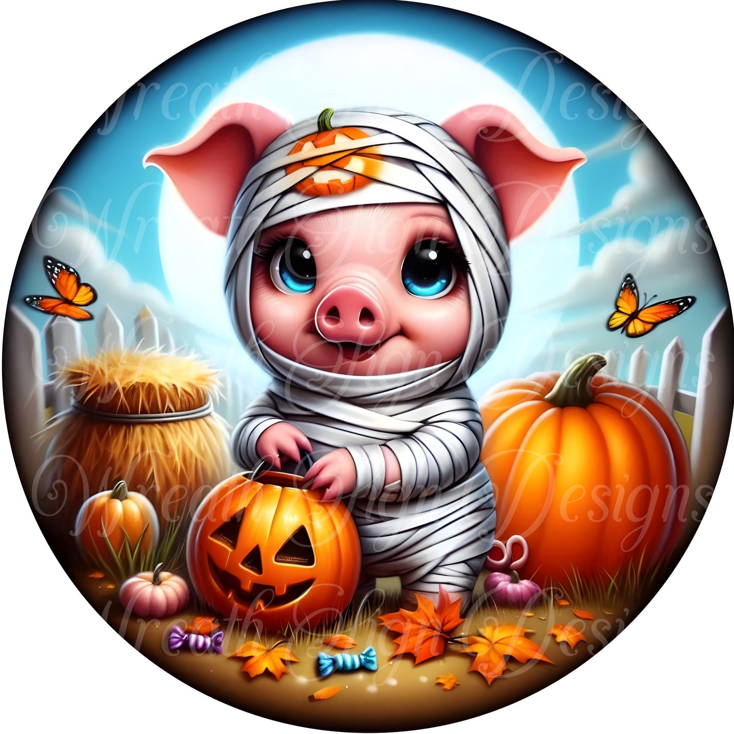Whimsical Halloween Pig, trick -or- treat pig dressed as mummy, Piglet and pumpkin round metal wreath sign, wreath center, wreath attachment