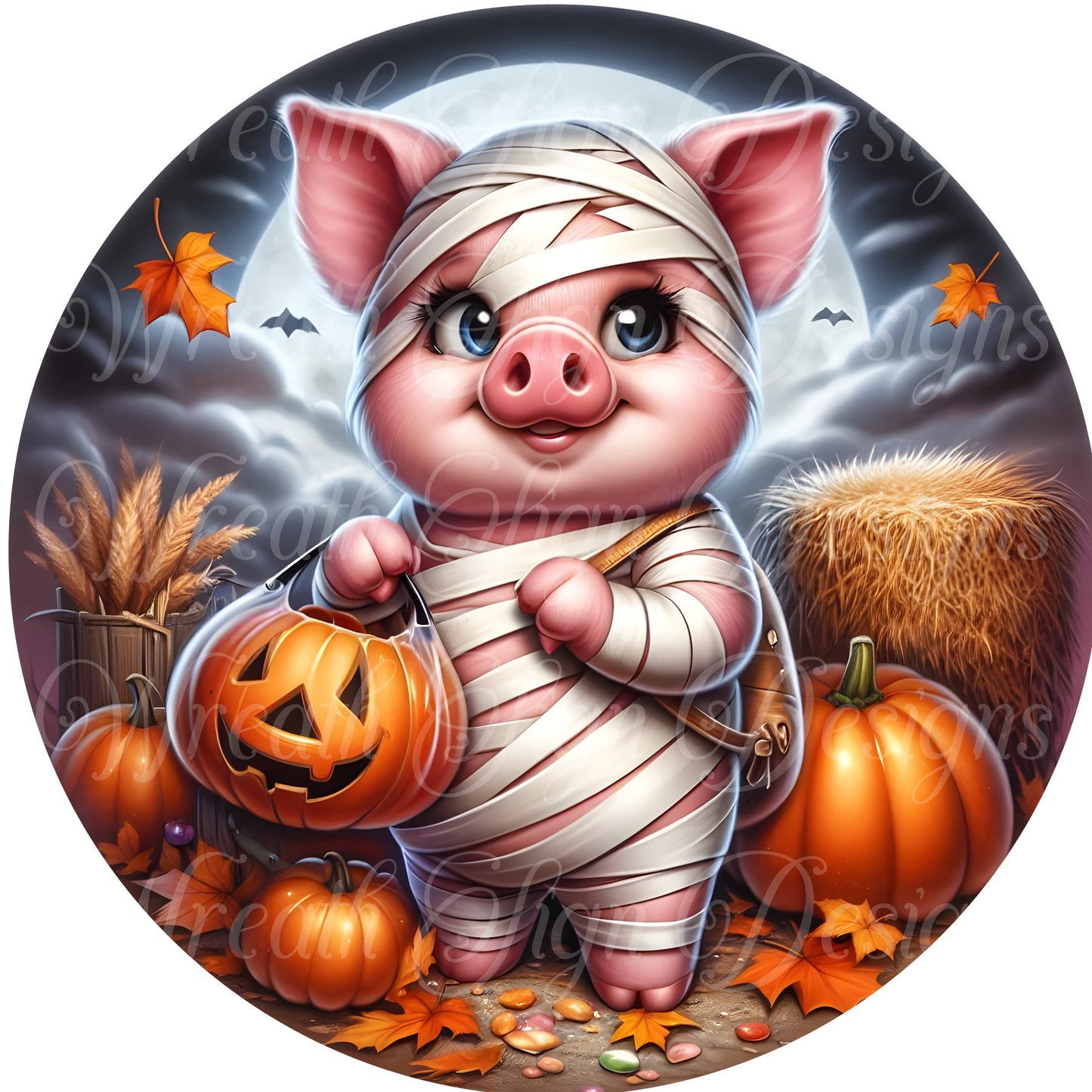 Whimsical Halloween Pig, trick -or- treat pig dressed as mummy, Piglet and pumpkin round metal wreath sign, wreath center, wreath attachment