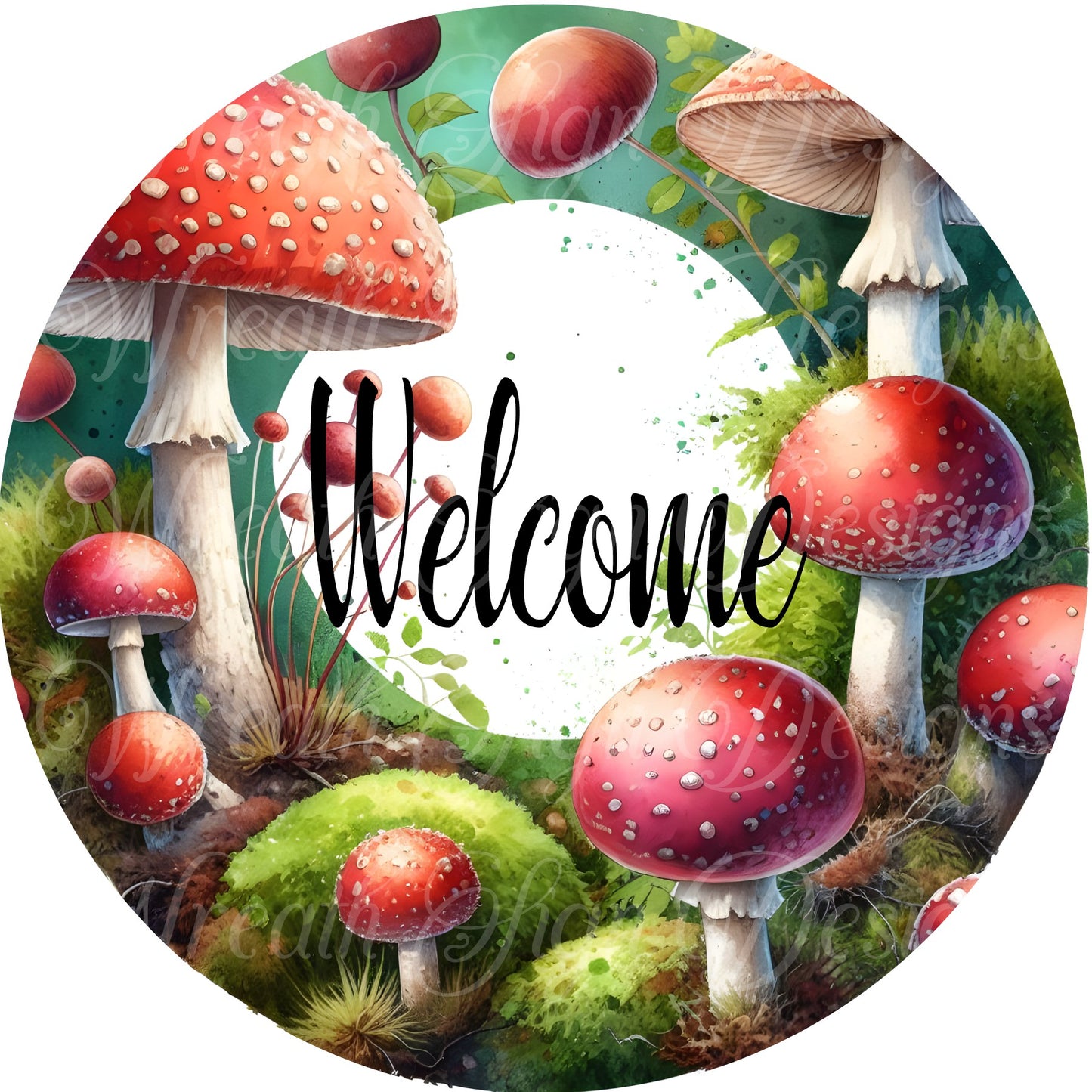 Welcome red mushroom round metal wreath sign, wreath center, attachment, plaque