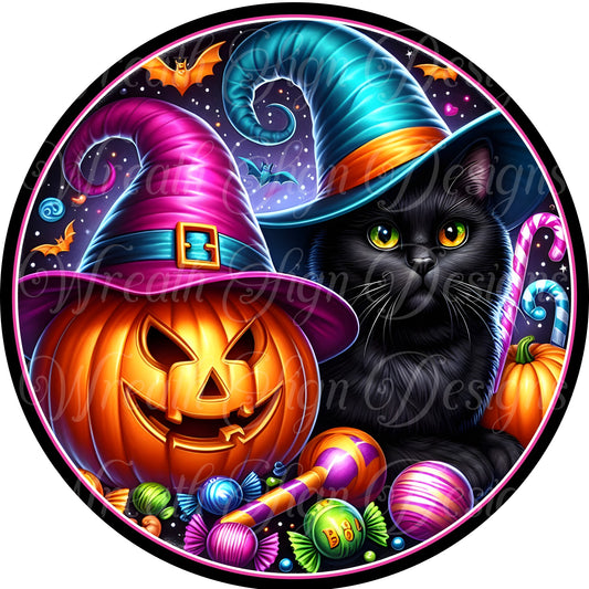 Neon cat round metal sign, Halloween cat wreath sign, black and purple wreath center, wreath attachment