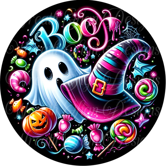 round metal wreath sign,Boo, Neon Ghost  Halloween sign, round metal wreath sign, wreath center (Copy)