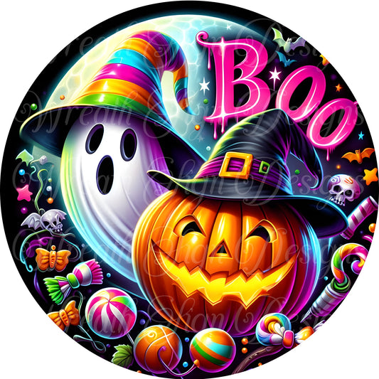 round metal wreath sign,Boo, Neon Ghost  Halloween sign, round metal wreath sign, wreath center