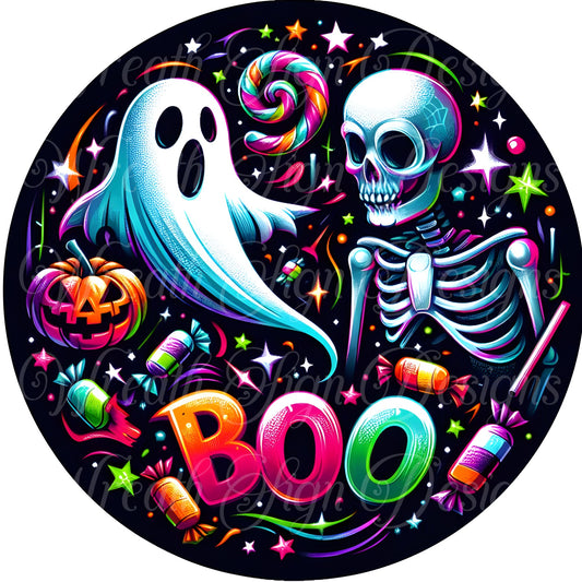 round metal wreath sign,Boo, Neon Ghost and Skeleton Halloween sign, round metal wreath sign, wreath center