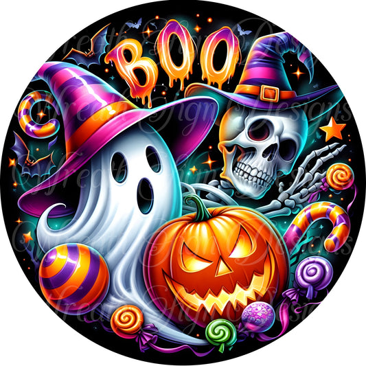 round metal wreath sign,Boo, Neon Ghost and Skeleton Halloween sign, round metal wreath sign, wreath center