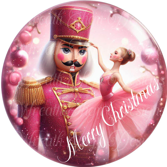 Pink nutcracker and Clara, so round metal wreath sign, Santa Nutcracker holiday  sign, Christmas wreath sign,