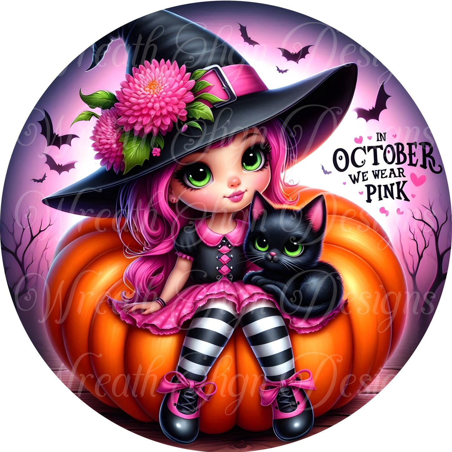 In october we wear pink, round metal wreath sign, whimsical witch Halloween wreath sign, center, attachment