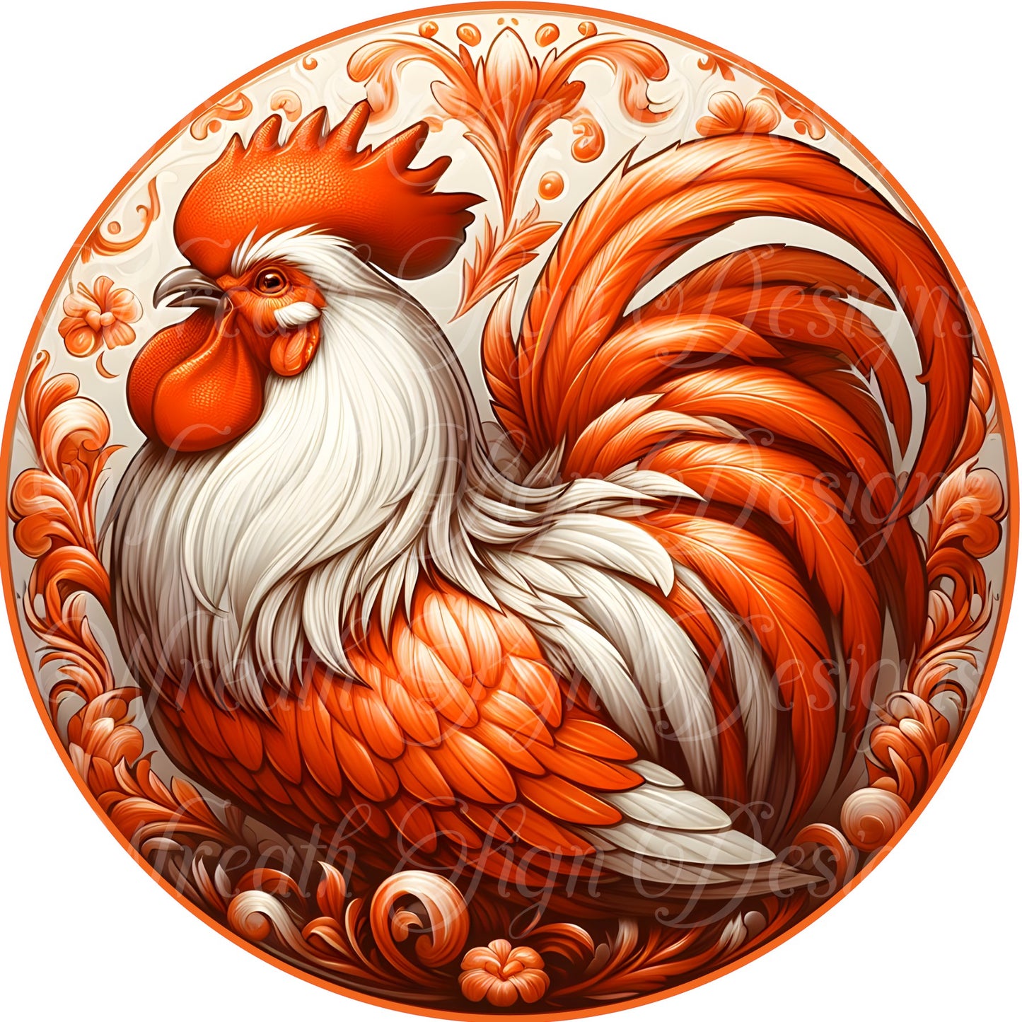 orange rooster sign, chicken wreath center, farmhouse sign, round sublimated metal wreath sign