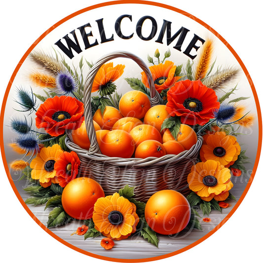 Welcome fall oranges sign, Fall oranges and Poppies round metal sign, Autumn harvest metal sign, round wreath center, wreath attachment