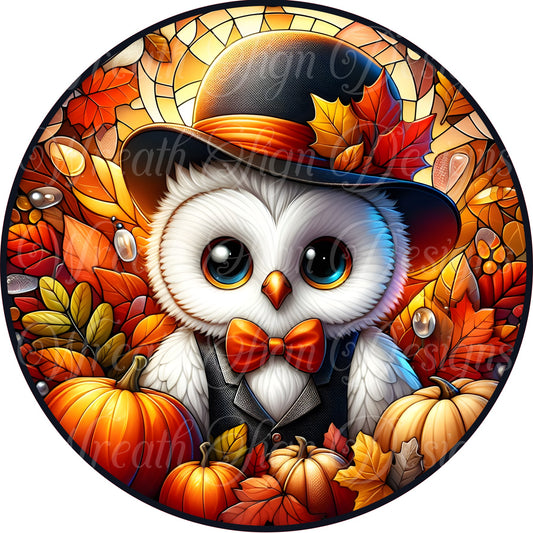 Faux stained glass fall owl round metal sign, Autumn owl, wreath sign, wreath center, wreath attachment, fall decor