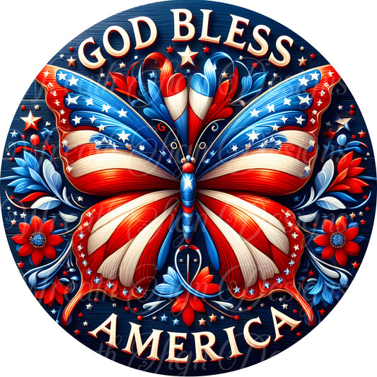 Patriotic Butterfly, God Bless America wreath sign, Freedom, Americana, Red white and blue wreath center, wreath attachment