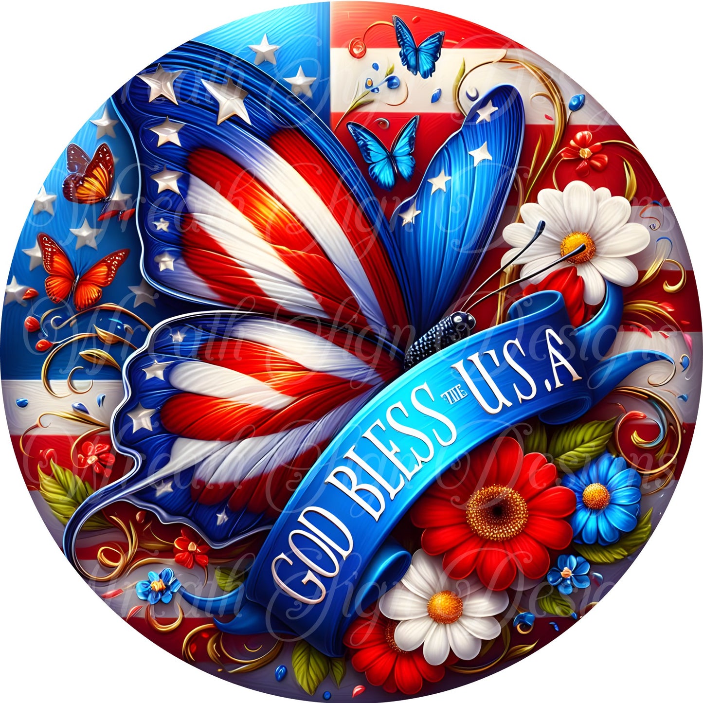 Patriotic Butterfly, God Bless the U.S.A.  wreath sign, Freedom, Americana, Red white and blue wreath center, wreath attachment