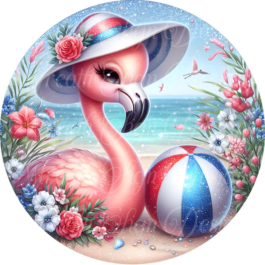 freedom Flamingo , patriotic, July 4, independence liberty metal wreath sign, Round sign, attachment Wreath center, beach sign