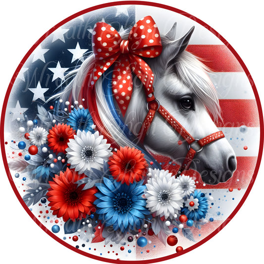 Patriotic, Freedom, Fourth of July, Americana Horse and red white and blue flowers, Stars and Stripes, Metal wreath sign, plaque, Center