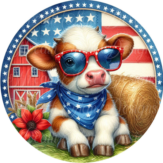 Patriotic cow sign, Fourth of July Sign, Independence Day Wreath Sign,  cow sign. Summer celebration sign,