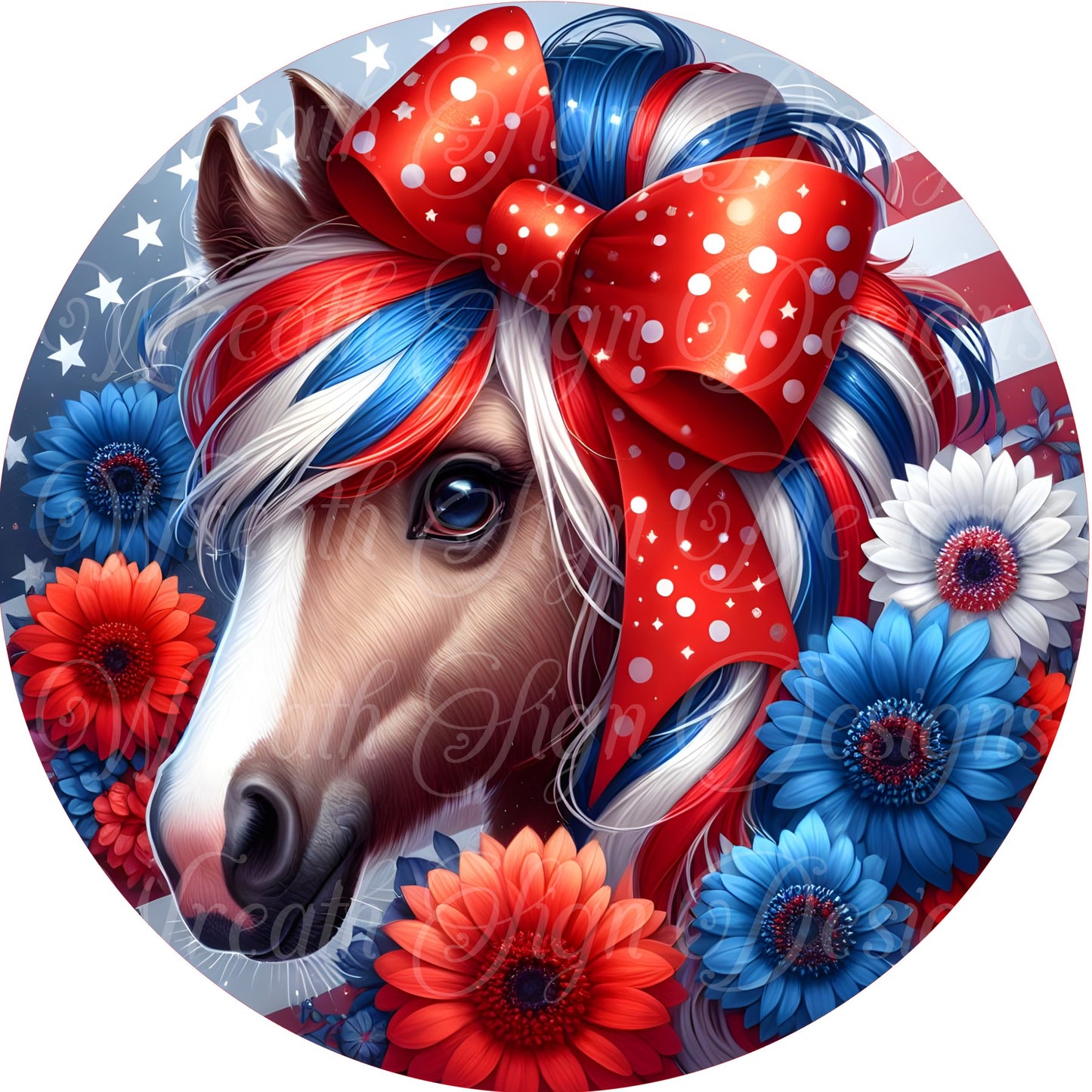 Patriotic, Freedom, Fourth of July, Americana Horse and red white and blue flowers, Stars and Stripes, Metal wreath sign, plaque, Center