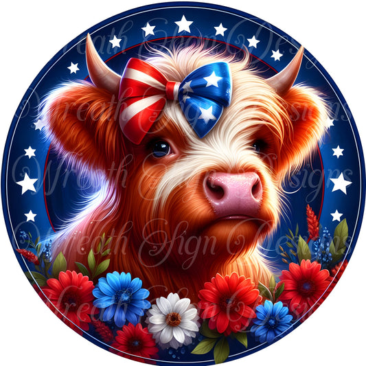 wreath sign, Patriotic cow sign, Fourth of July Sign, Independence Day Wreath Sign, highland cow sign. Summer celebration sign, heifer sign