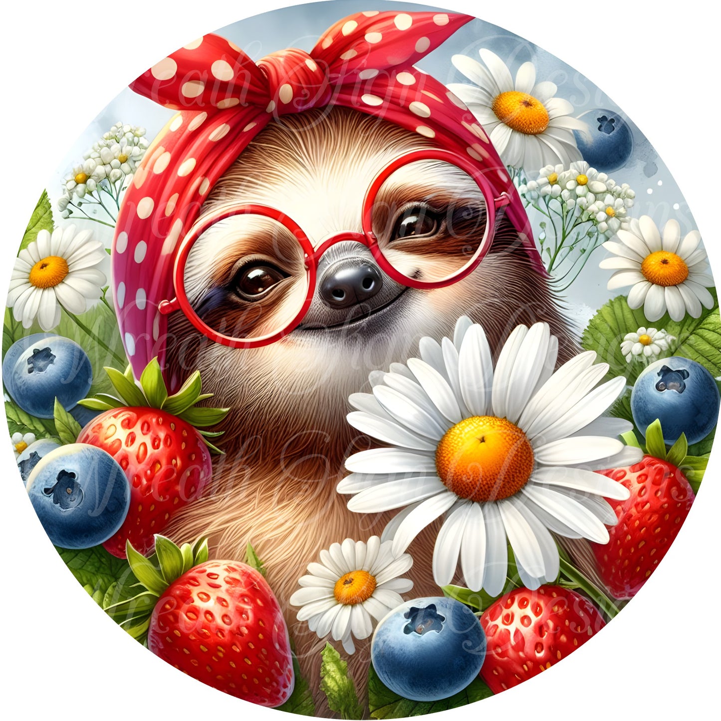 sloth wearing glasses round metal wreath sign, wreath center, attachment,