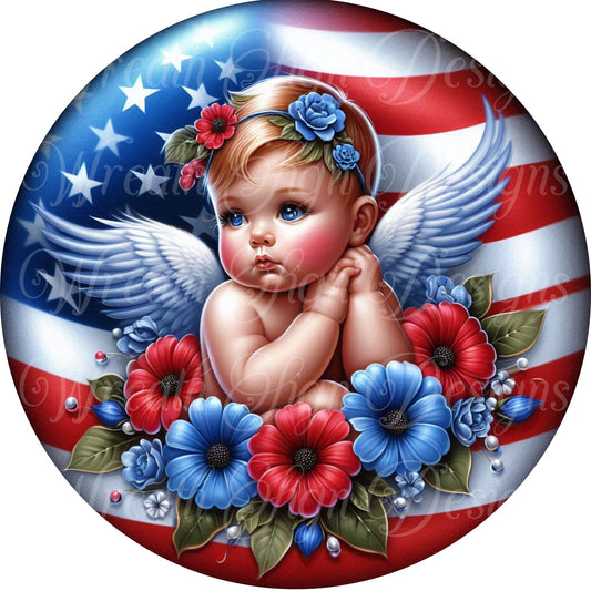 Patriotic Americana Angel , patriotic, fourth of July, independence day metal wreath sign, Round sign,  attachment Wreath c