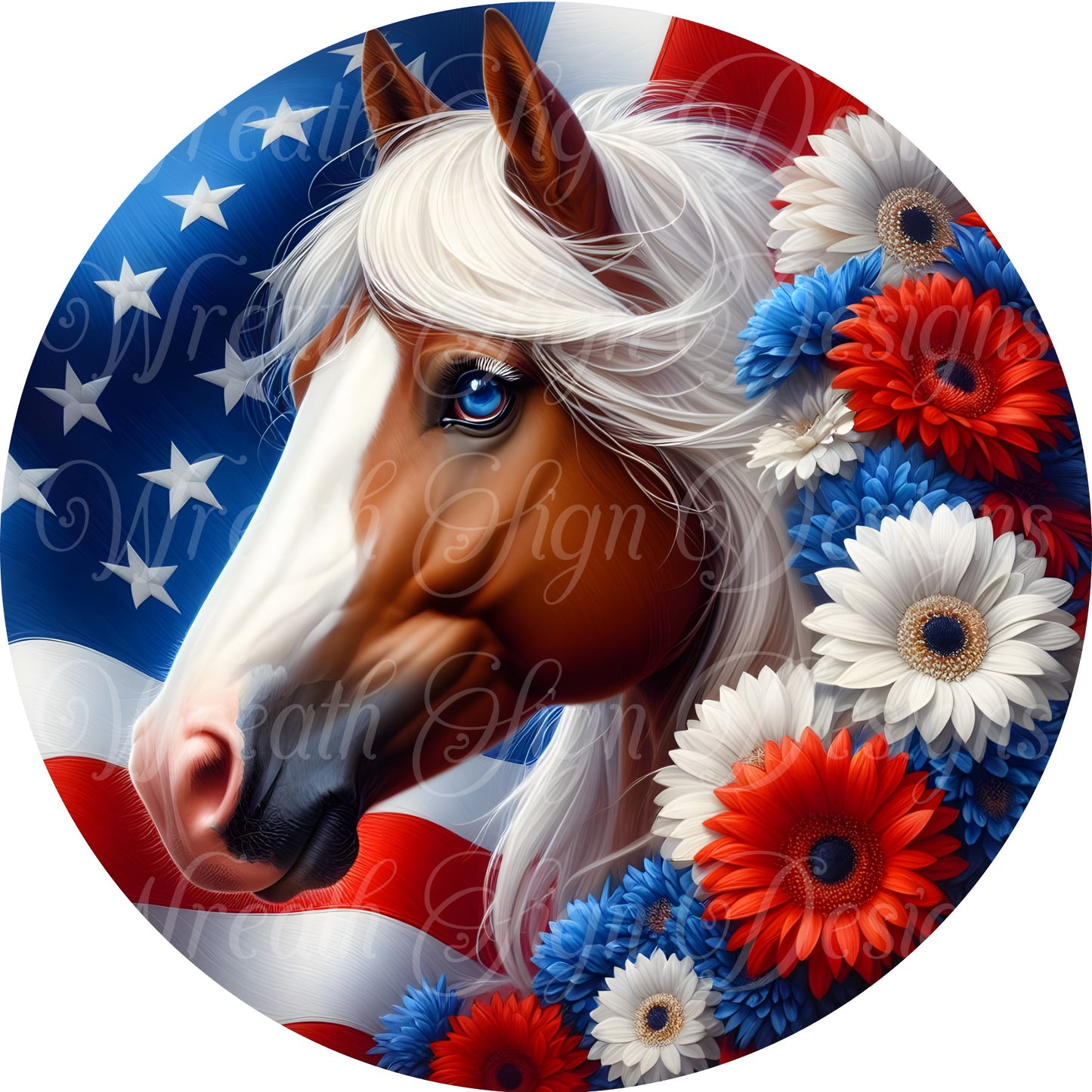 Patriotic, Freedom, Fourth of July, Americana Horse and red white and blue flowers, Stars and Stripes, Metal wreath sign, plaque, Center
