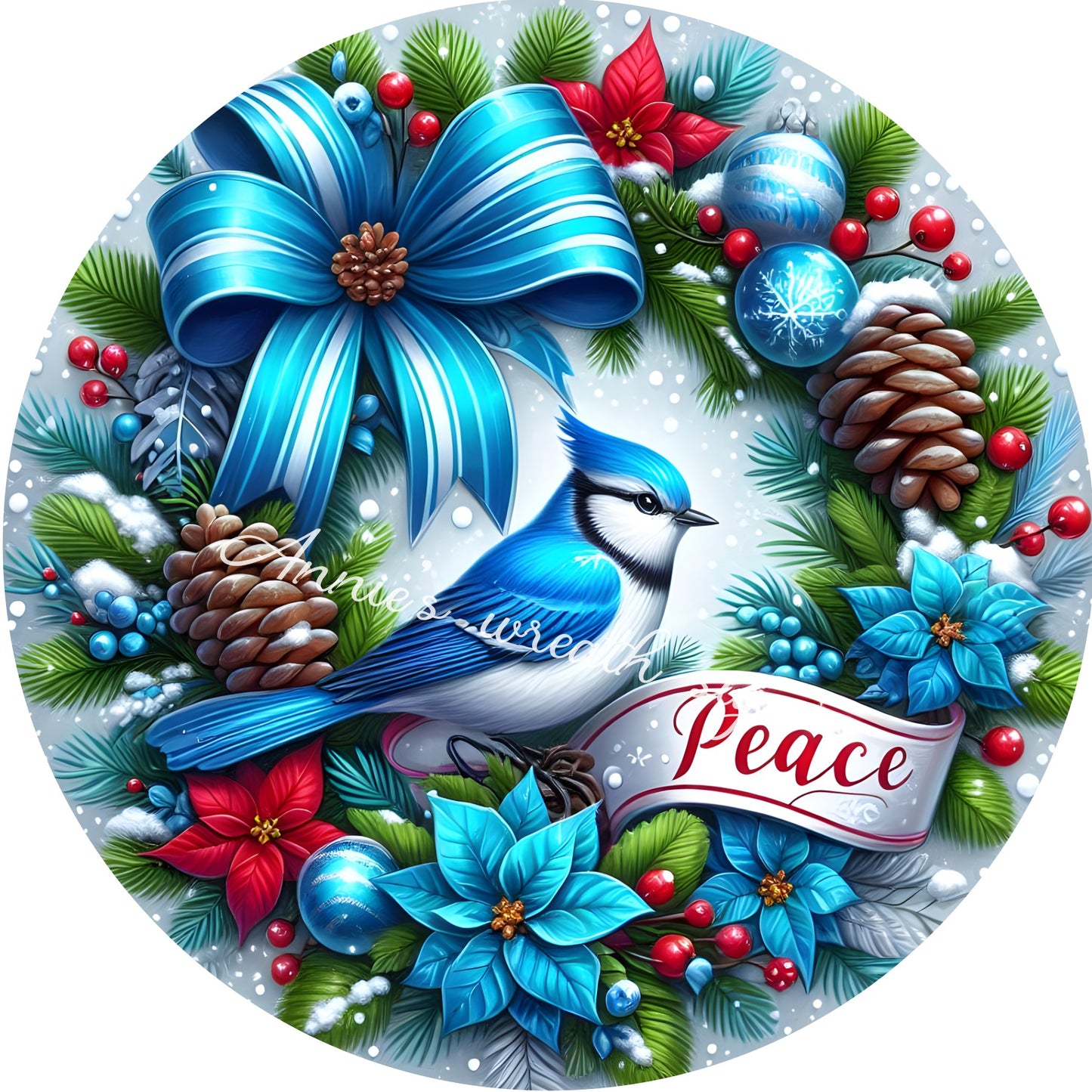 round metal sublimate wreath sign, bluebirds winter Christmas sign, blue jay winter scene