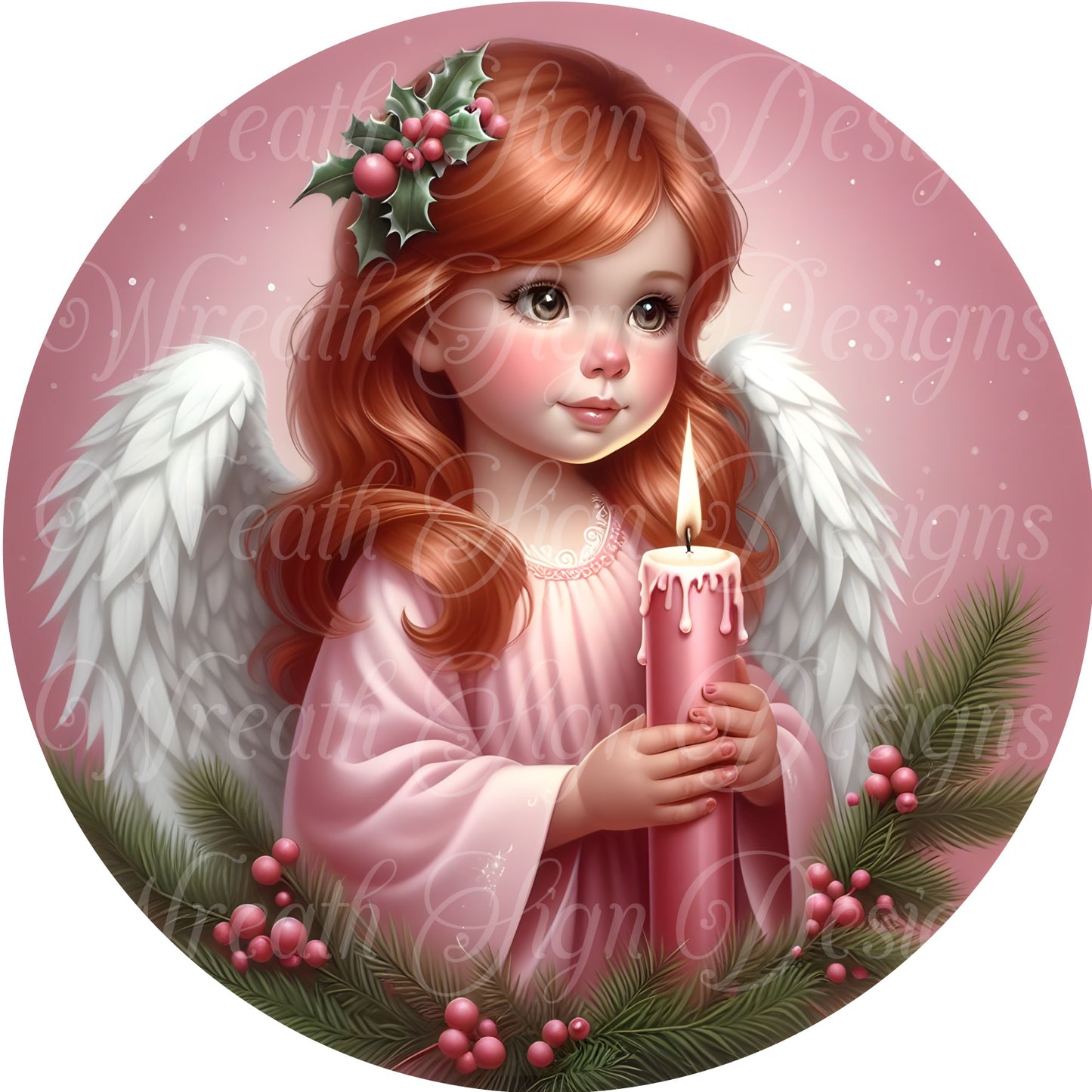 Pink Angel, Merry Christmas, Round metal wreath sign