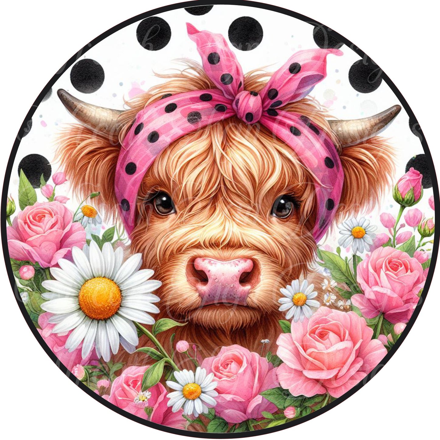 Cute highland cow and daisies, Springtime welcome sign, Metal wreath sign, round metal wreath attachment