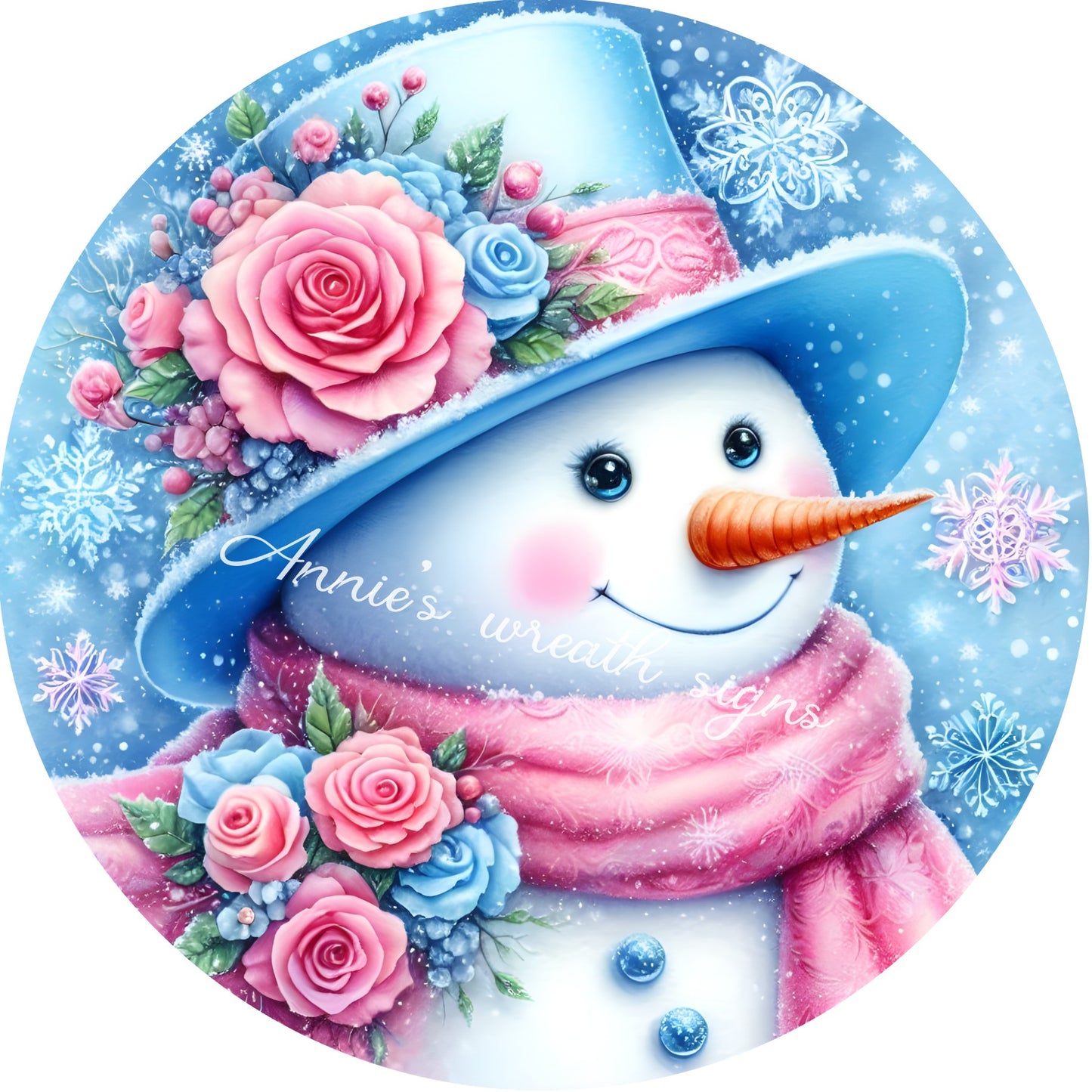 pink and blue Christmas snowman sign, winter sign,  Wreath Sign, Wreath Center, Wreath Attachment, round metal sign