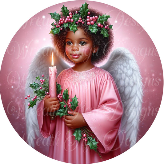 Pink  Christmas Angel, African American, Black angel, Melanin angel, Christmas Angel wreath sign, Wreath center, Wreath attachment