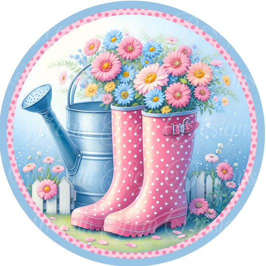 Pink Pokadot Rainboots, umbrellas and springtime flowers metal wreath sign