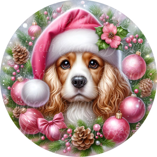 Pink Cocker Spaniel Christmas dog sign, Christmas dog Round sign, Wreath attachment, Wreath center, sublimated metal