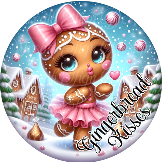 pink Gingerbread Kisses Christmas Sign, Gingerbread man,  Wreath Sign, Wreath Center, Wreath Attachment