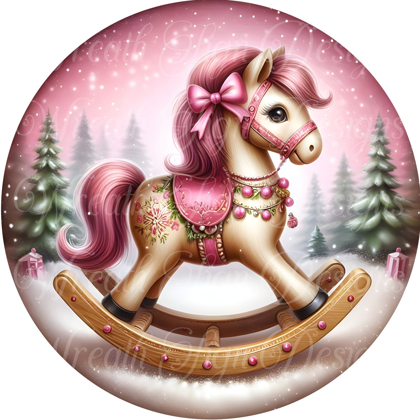 Christmas Wreath sign, Pink Christmas,  Christmas horse sign, Christmas tree, round metal wreath sign, Wreath attachment