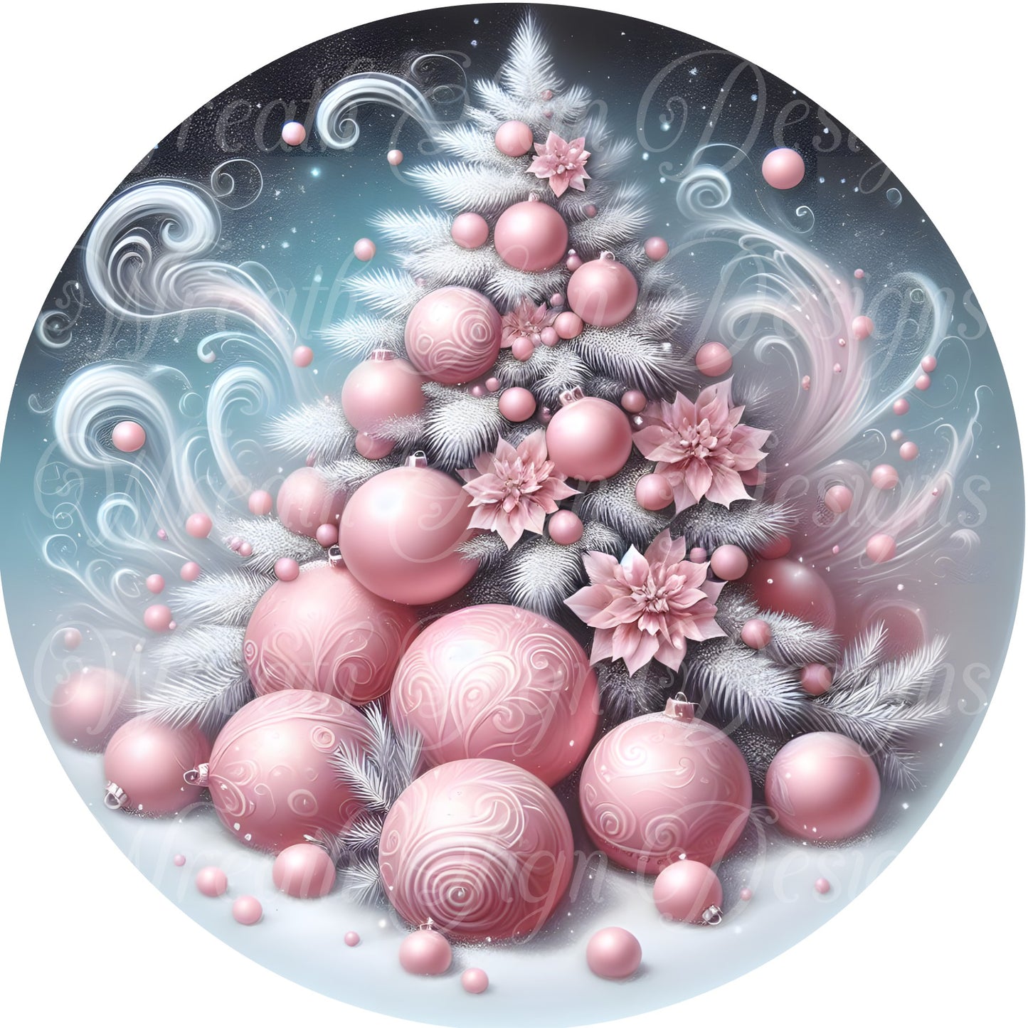 Pink Christmas round metal wreath sign, Pink Christmas tree in the snow,  Wreath Sign, pink Wreath Center, Wreath Attachment