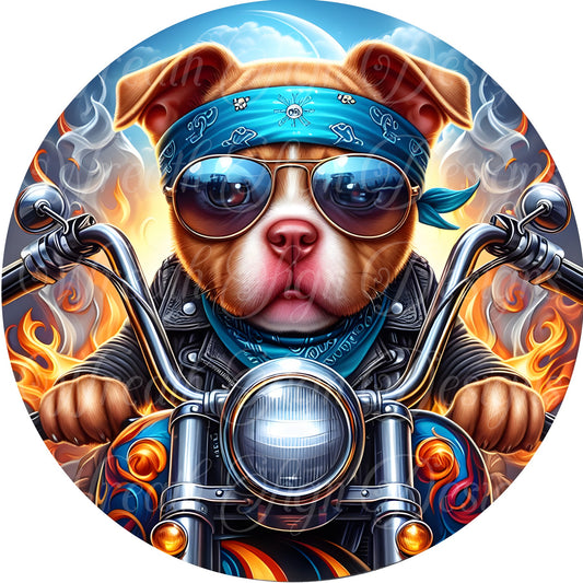 Pitbull Pitty dog biker, Round metal wreath sign, Wreath center, wreath attachment, plaque, motorbiker, racer, bad to the bone