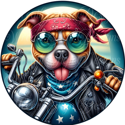 Pitbull Pitty dog biker, Round metal wreath sign, Wreath center, wreath attachment, plaque, motorbiker, racer, bad to the bone