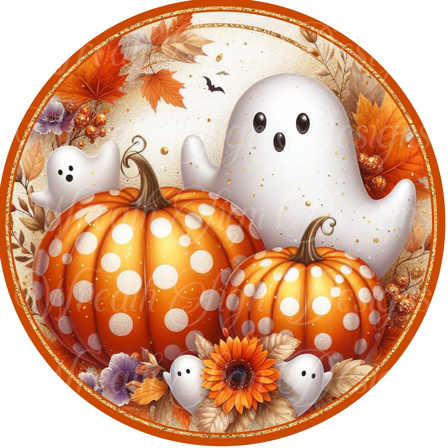 Whimsical Halloween Ghost and Jack-o-lanterns, Fall Ghost and pumpkin round metal wreath sign