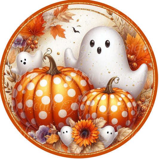 Whimsical Halloween Ghost and Jack-o-lanterns, Fall Ghost and pumpkin round metal wreath sign