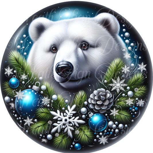 Polar Bear blue Christmas wreath sign, round metal wreath sign, wreath center, Winter sign,