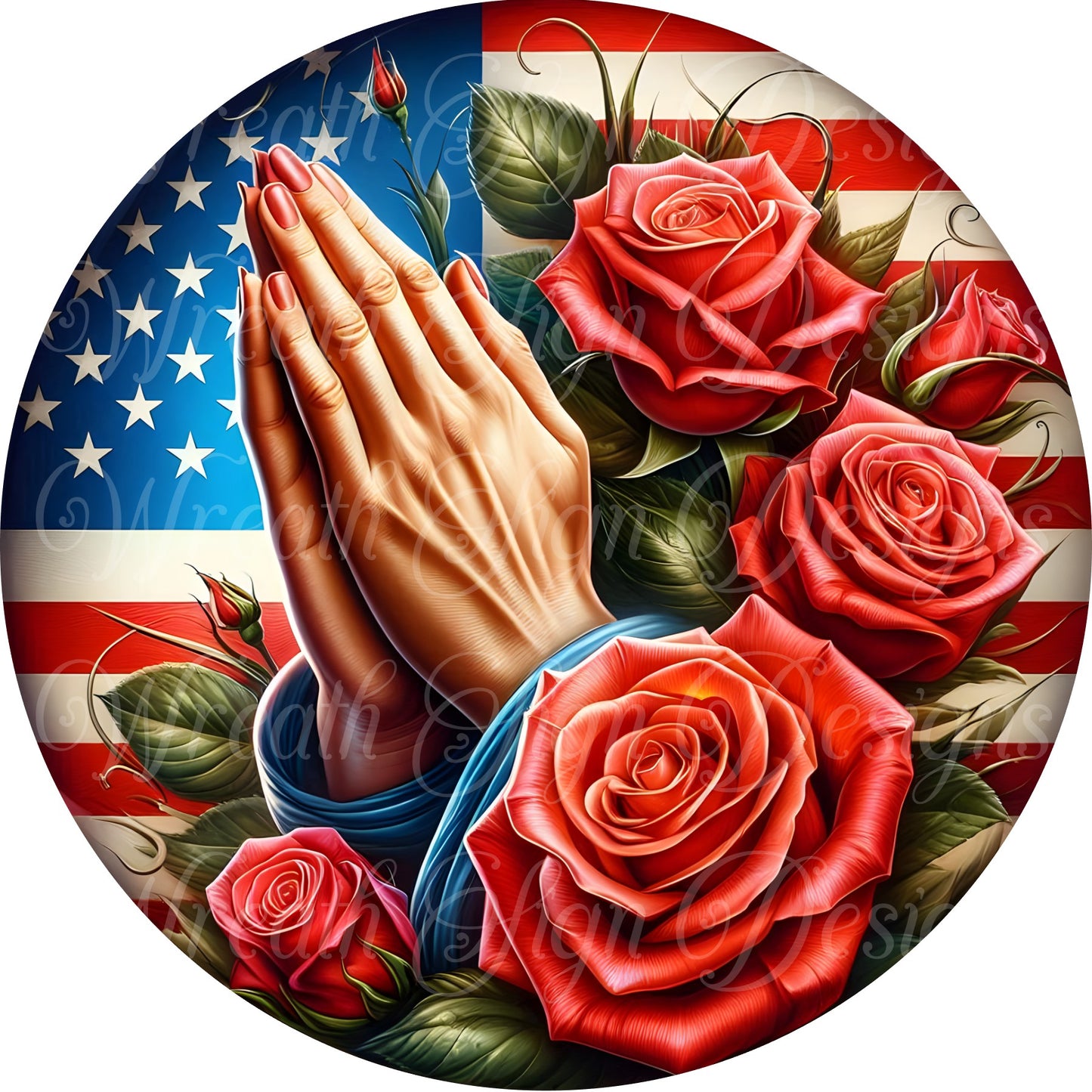 patriotic, Freedom, Americana praying hands red roses floral sign, religious, metal Praying Hands wreath sign, center, attachment