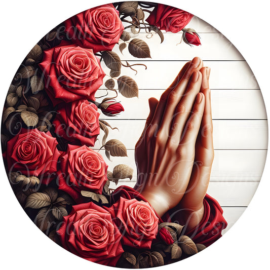 sublimated metal wreath sign, praying hands red roses floral sign, religious, catholic, God, Jesus sign