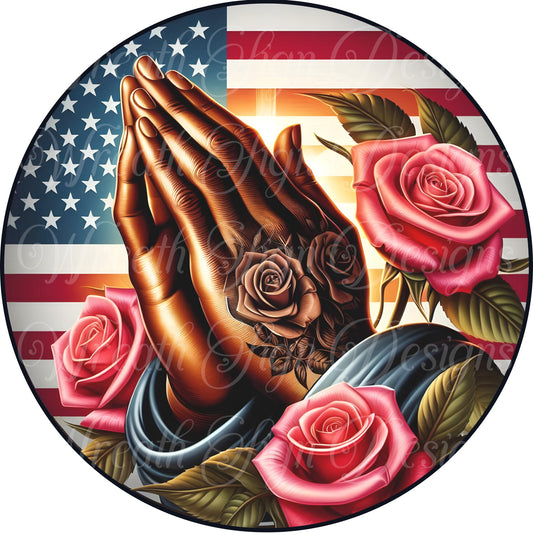 patriotic, Freedom, African American praying hands red roses floral sign, religious, metal Praying Hands wreath sign, center, attachment