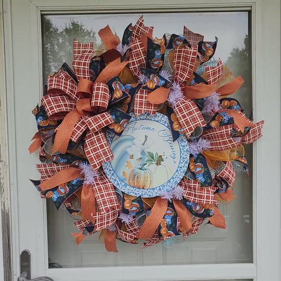 Fall pumpkins front door wreath, autumn mesh wreath, mesh and ribbon fall decor, orange and blue
