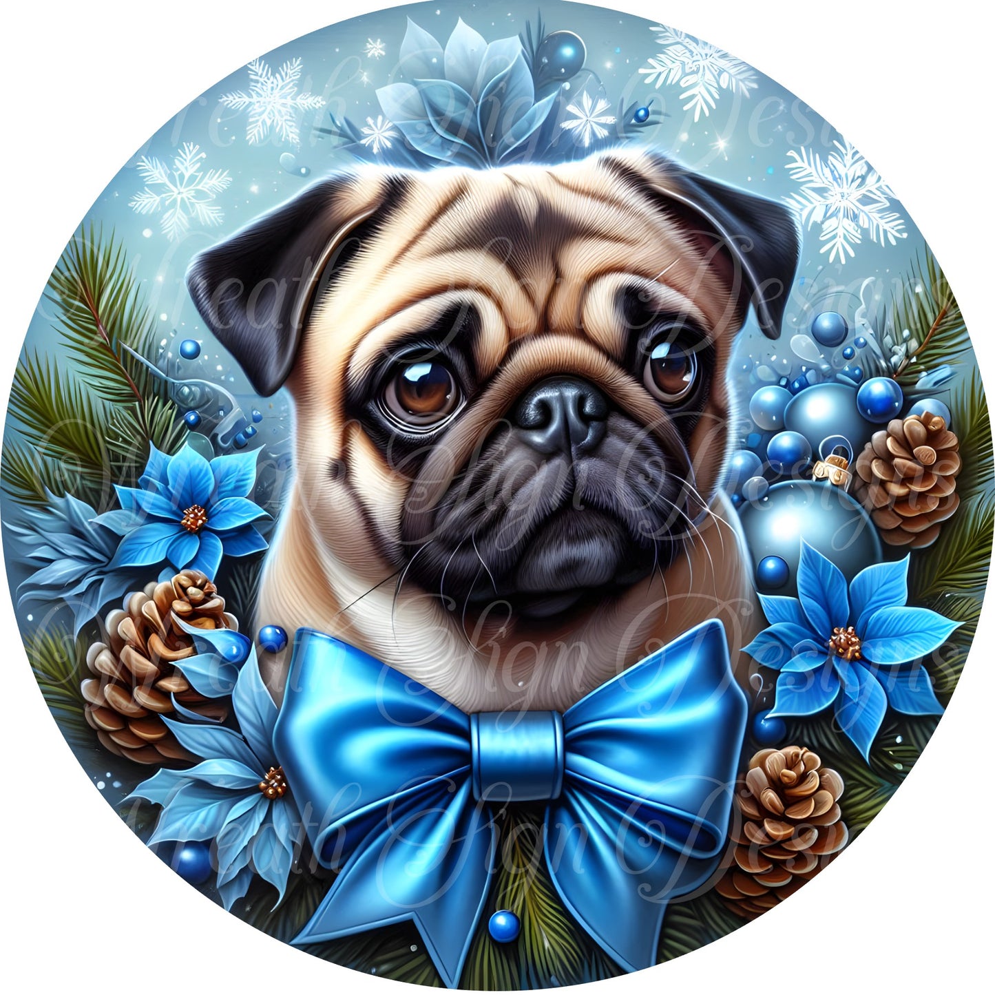 Christmas pug dog sign, winter pug dog sign,  Round sign, Wreath attachment, Wreath center, sublimated metal