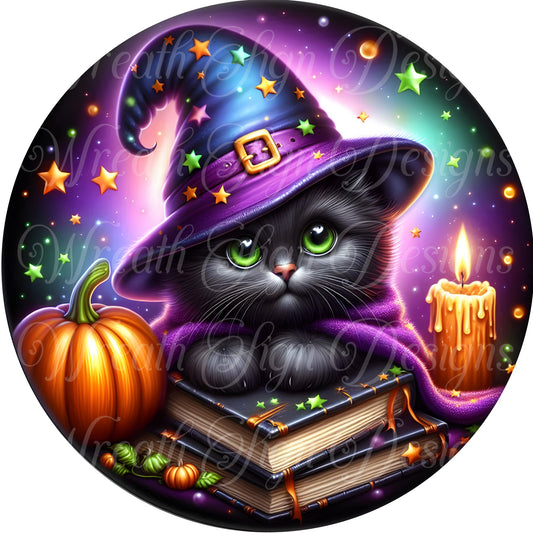 Black witch cat round metal sign, Halloween cat wreath sign, black and purple wreath center, wreath attachment, Wizzard Cat and spell book