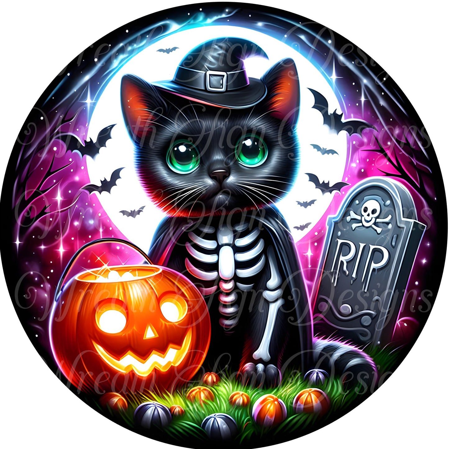 skeleton cat round metal sign, Halloween cat wreath sign, black and purple wreath center, wreath attachment,