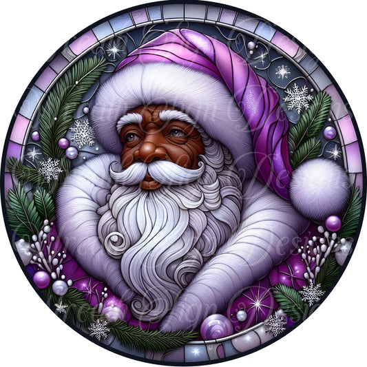 Faux Stained glass,  round metal sublimation wreath sign, black Santa Claus, Melanin santa, Purple Christmas sign, center, attachment