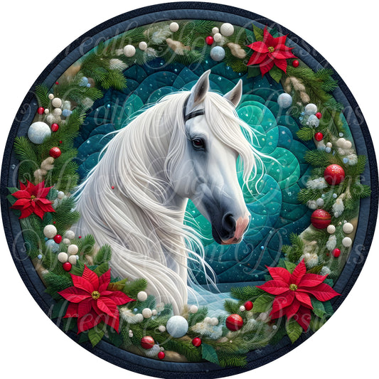 Christmas Horse Wreath sign, winter, faux quilted fabric wreath sign, Round metal sublimated sign